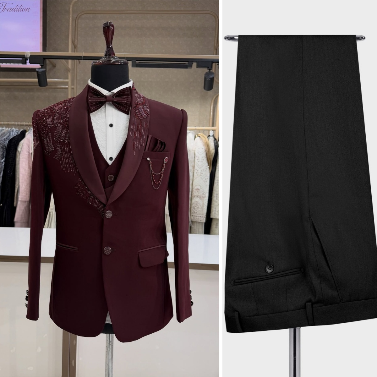 Men Formal Wear Red - 3 Pieces Groom Wedding Tuxedos Beading
