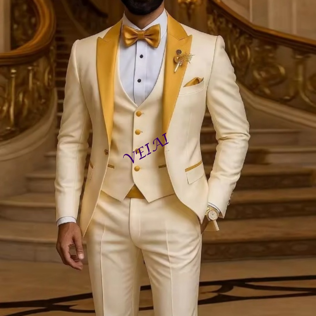 Men'S Formal Wear Accessories - CustomizedGold Collar Ivory Men Suit Wedding