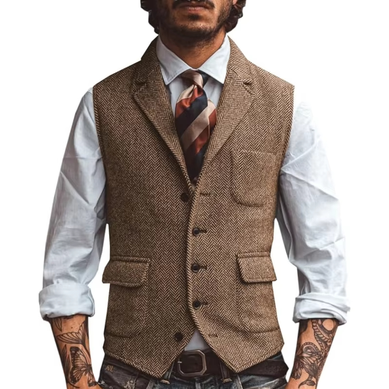 Men'S Formal Wear Waistcoat - Retro Tweed Men's Vest Herringbone Notch