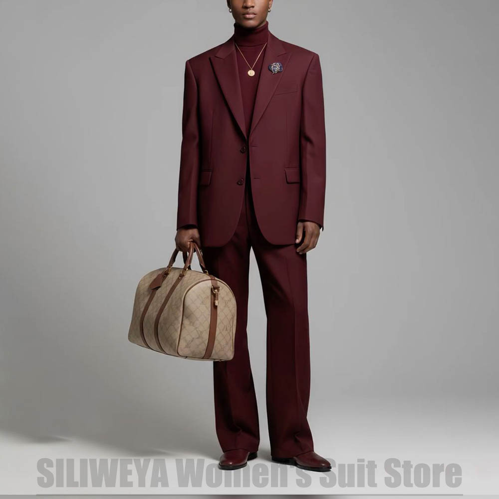 Men Formal Wear Outfits - Men Burgundy Two Piece Suit Peak