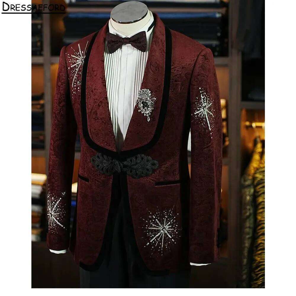 Men Formal Wear Red - Dark Red Jacquard Crystal Beading Men